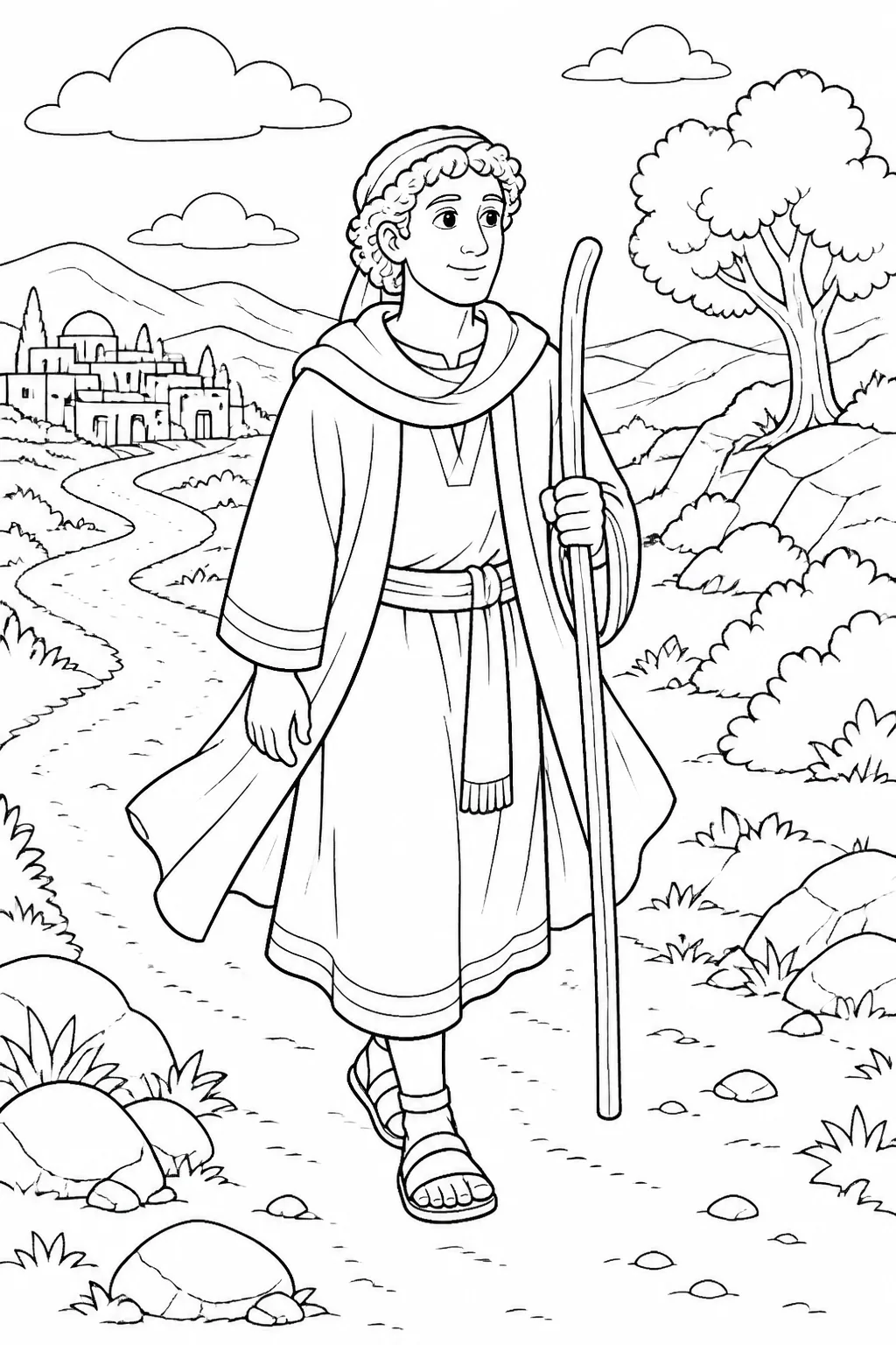 Jacob traveling alone along a road or open landscape from Beersheba toward Haran, based on Genesis 28:10.