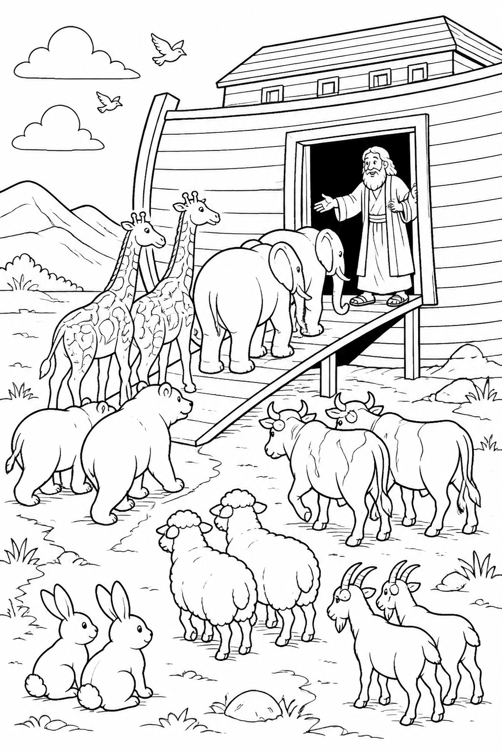 Animals arrive two by two from Noah’s Ark Bible coloring page