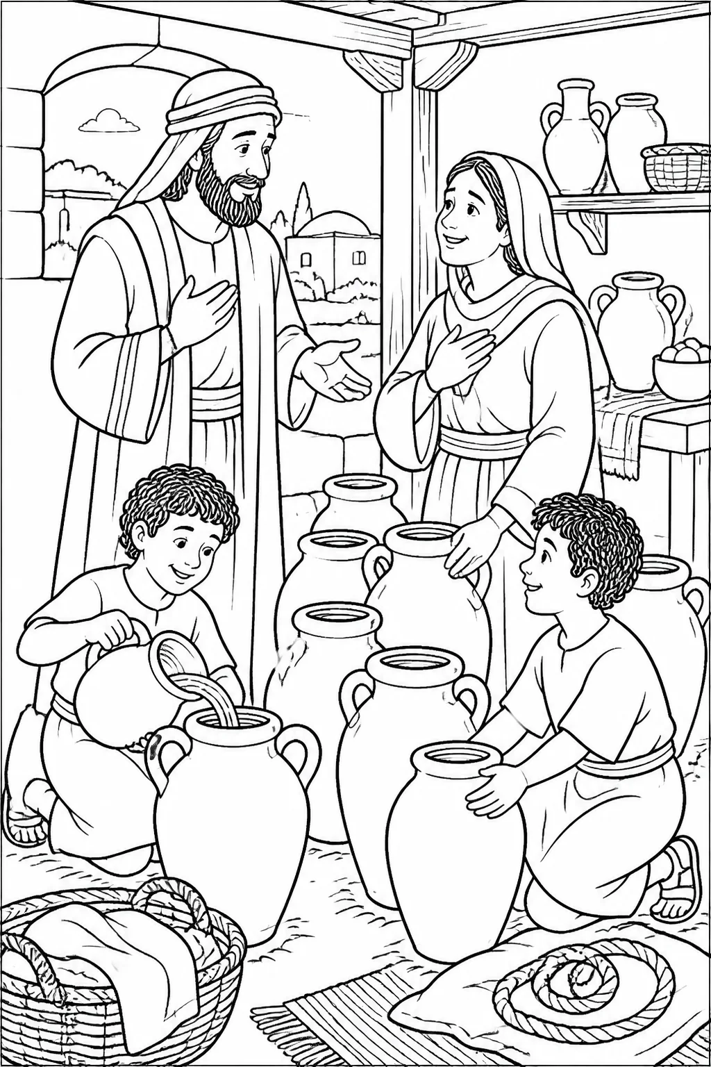 An illustration concept of the unnamed widow, her two sons, Elisha, and containers of oil in the household setting, showing provision for the family.