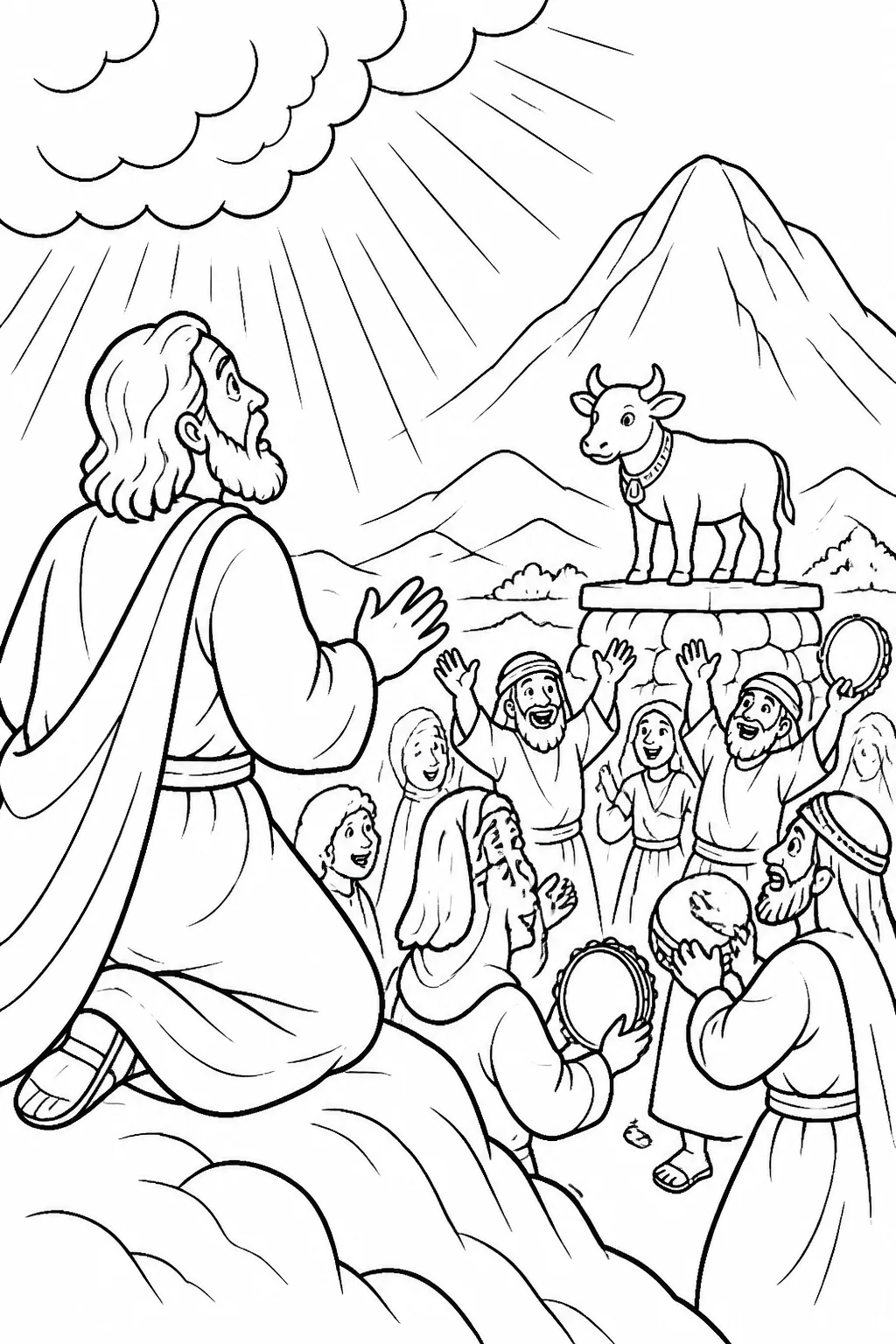 Moses on Mount Sinai receives the LORD’s warning about the Israelites and the golden calf below.