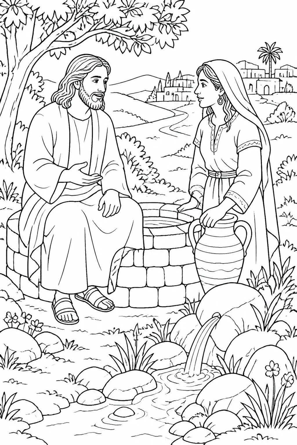 Jesus speaking with a Samaritan woman beside Jacob’s well, with ordinary well water distinct from the symbolic idea of living water.