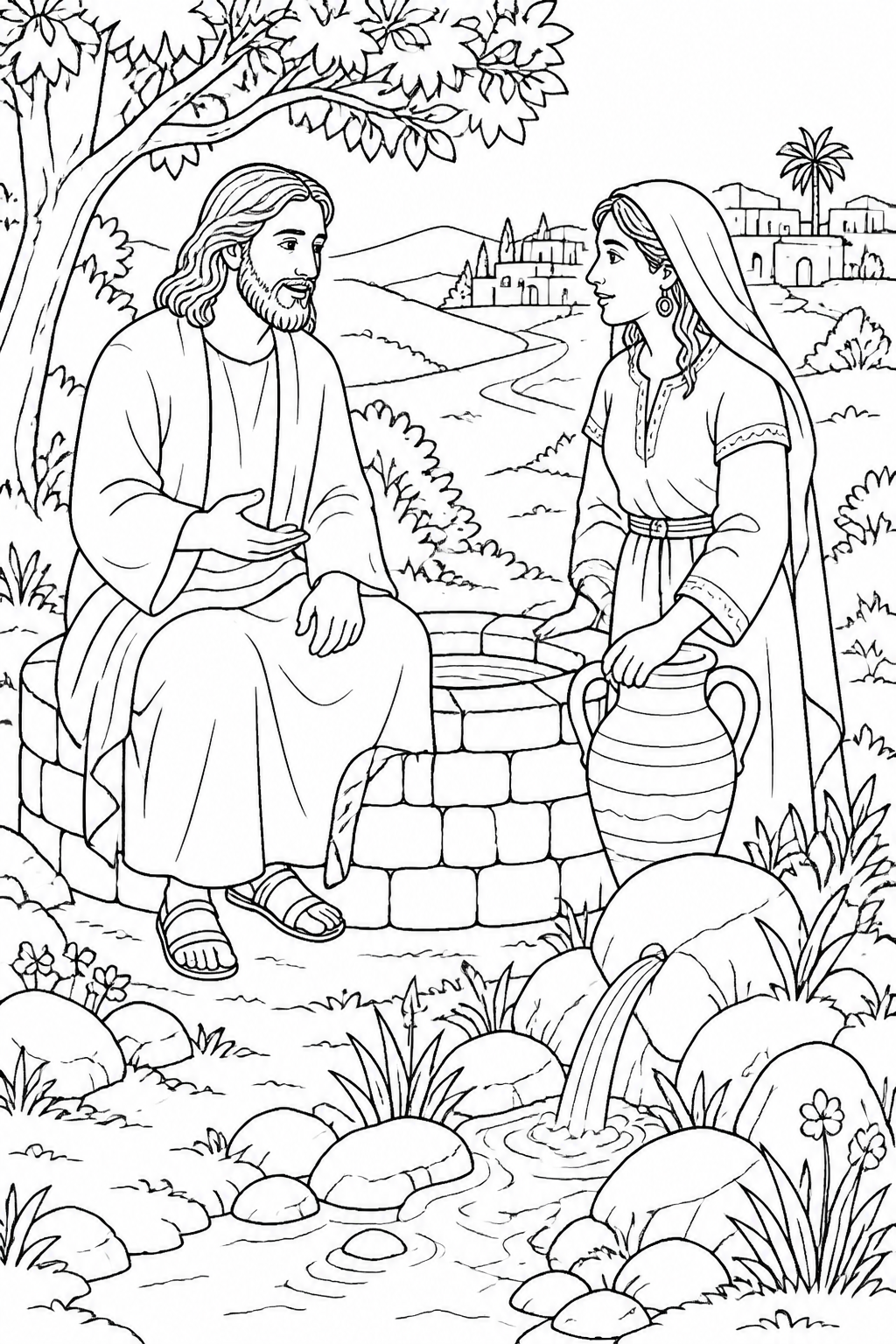 The Gift of Living Water from Jesus and the Samaritan Woman Bible coloring page