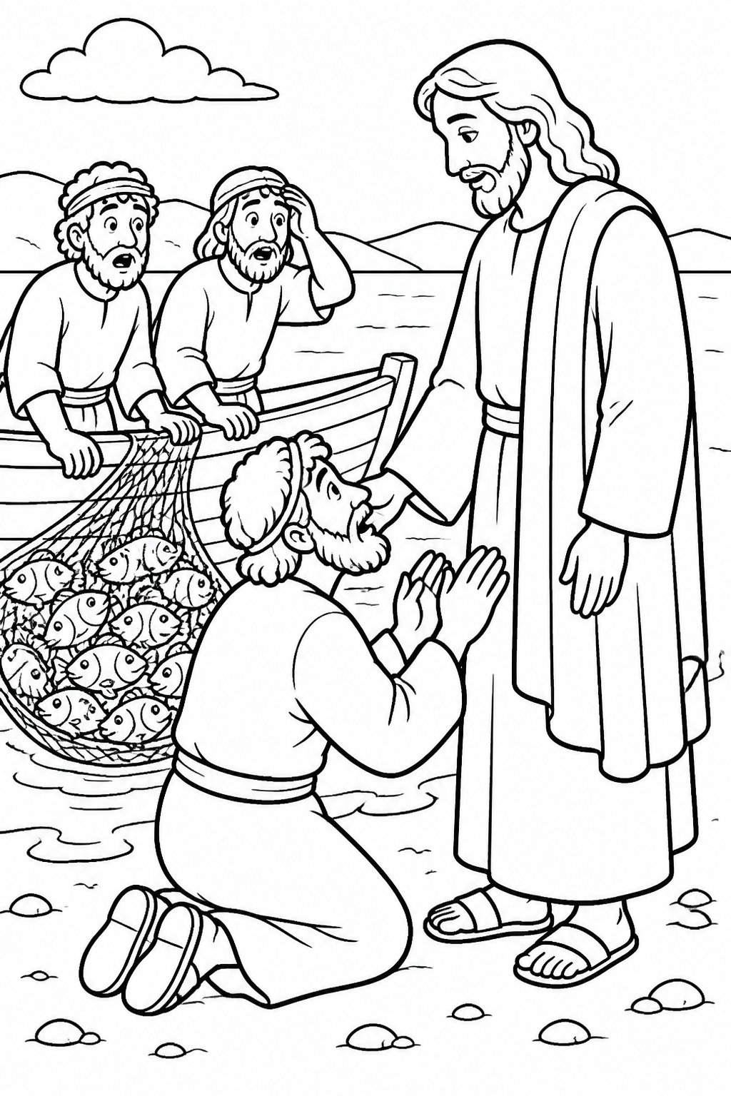 Simon’s Awe and Humility from The Miraculous Catch of Fish Bible coloring page
