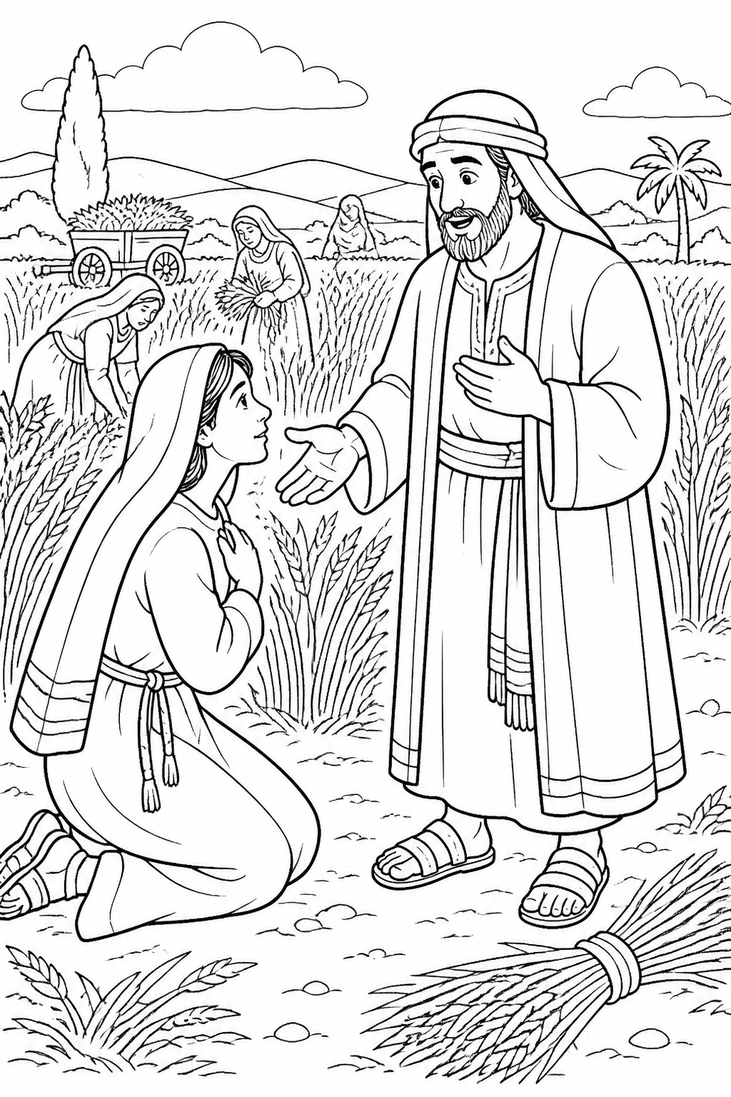Ruth Receives Kindness from Ruth Gleans in Boaz’s Field Bible coloring page
