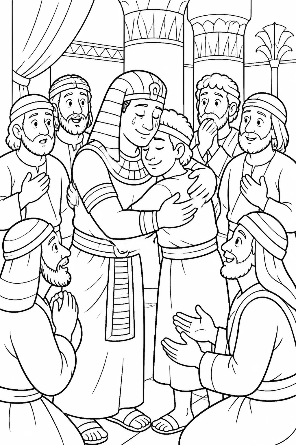 Joseph embraces Benjamin and weeps with his brothers inside Joseph’s residence in Egypt after revealing that he is Joseph.