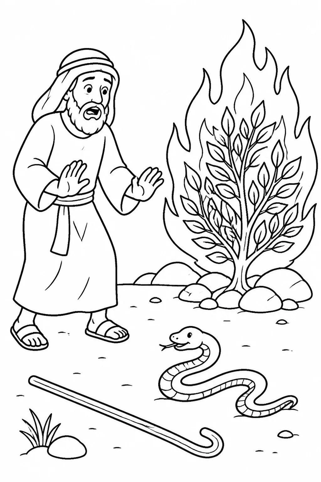 Moses listens to God near the burning bush as his staff, placed on the ground, becomes a snake.