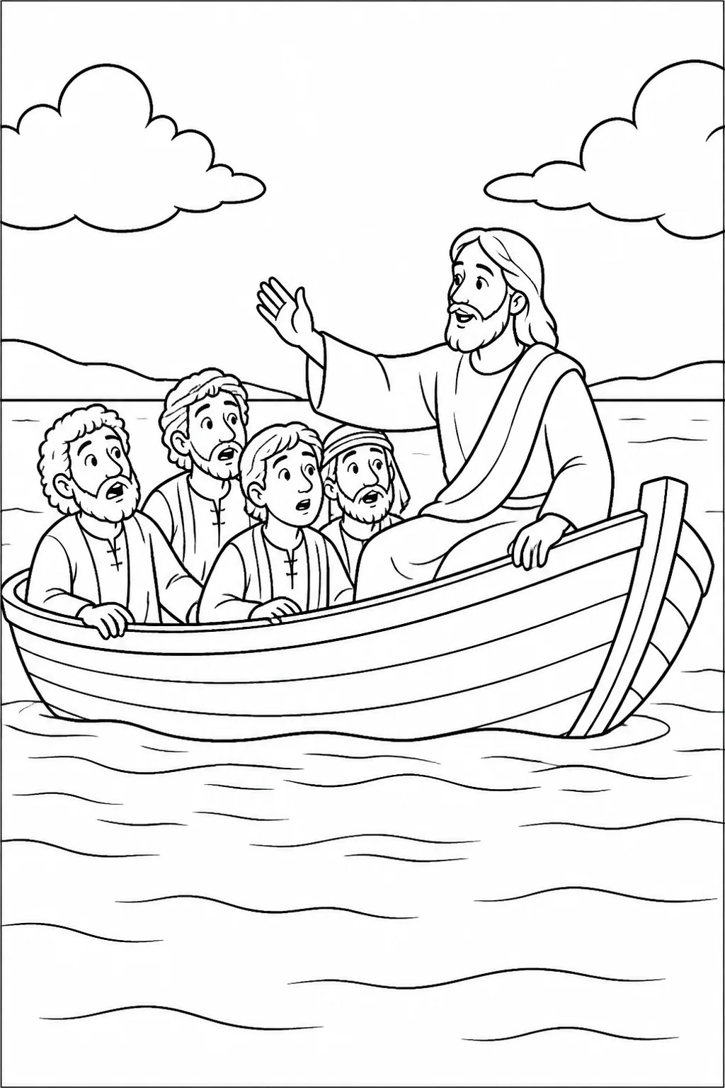 Jesus in a boat speaking to the wind and sea as the storm becomes calm, based on Mark 4:39.
