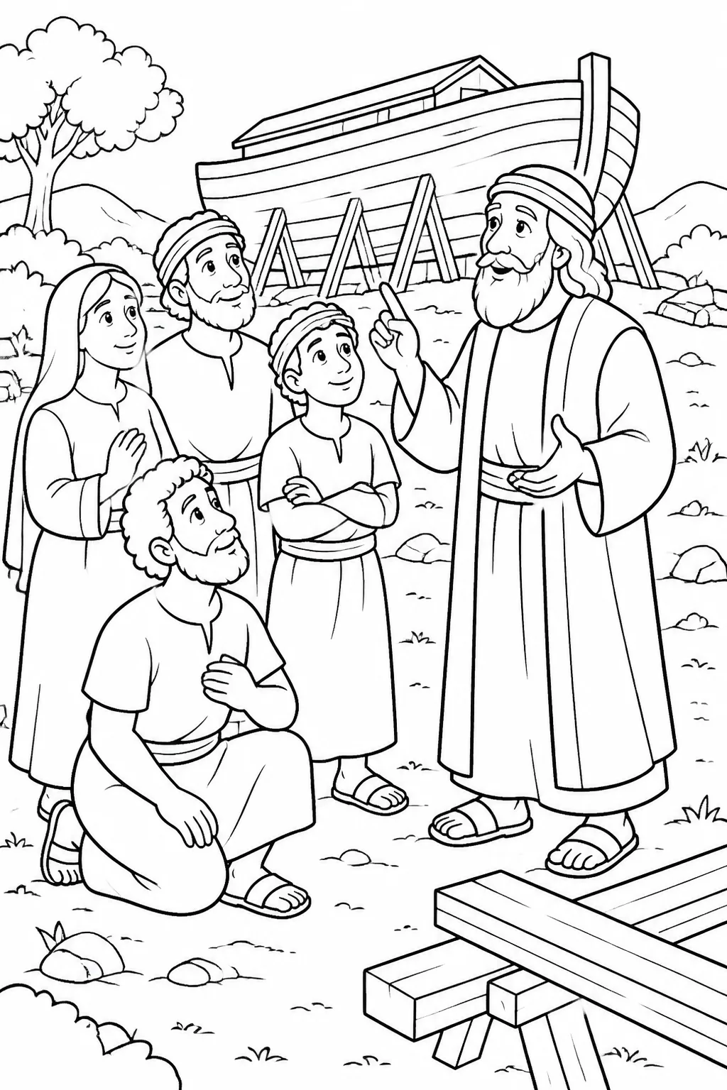Noah’s family living with God’s directions from Noah’s Ark Bible coloring page