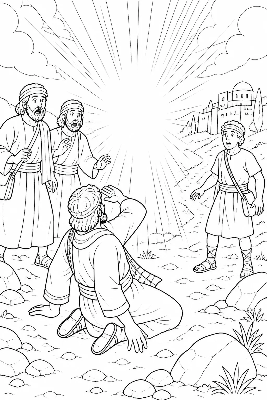 Saul kneels on the road near Damascus as heavenly light surrounds him, while his unnamed traveling companions stand nearby; Jesus is represented through the light and voice.