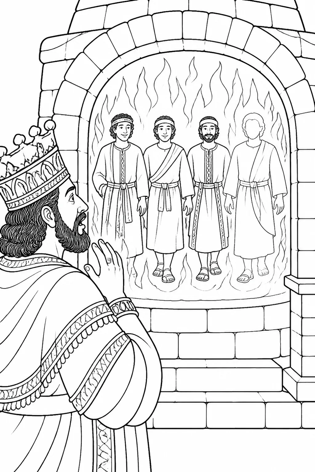 Shadrach, Meshach, and Abednego walk unbound and unharmed inside the furnace while Nebuchadnezzar sees a fourth figure with them.