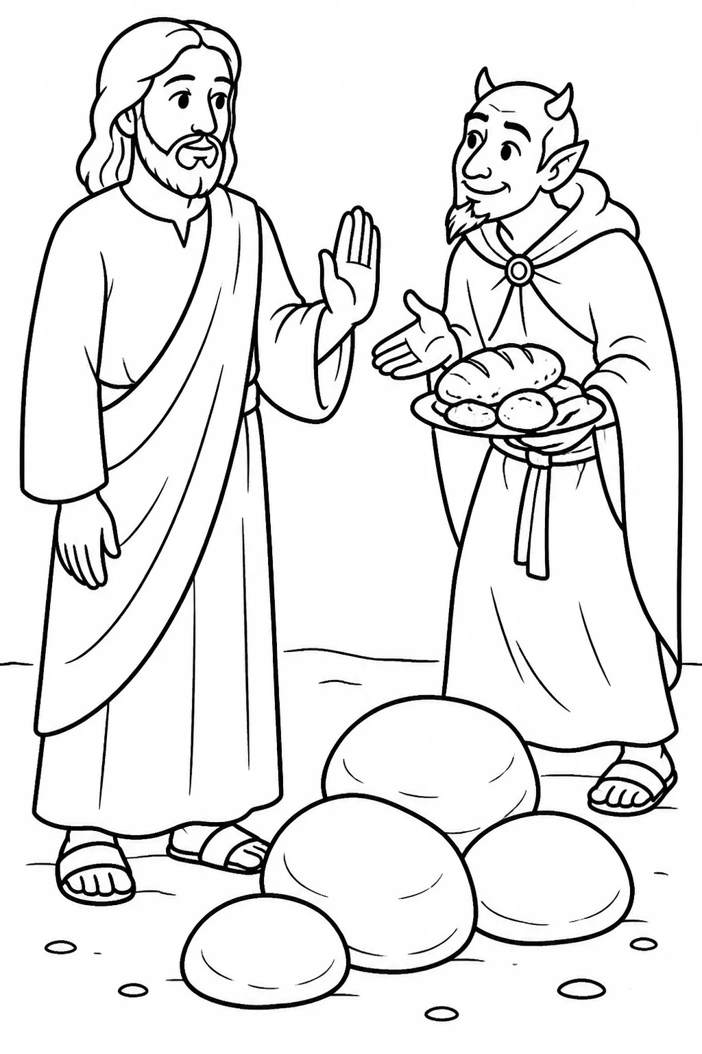 Jesus stands calmly in the wilderness beside stones while the devil presents the temptation to make them become bread; the stones remain unchanged.