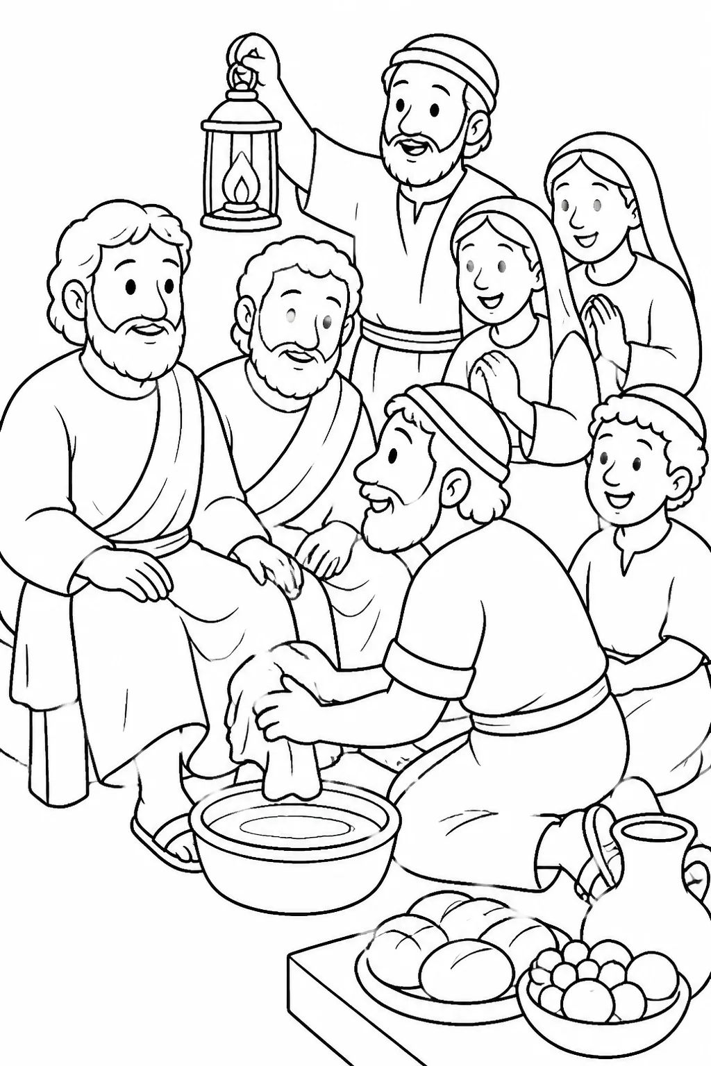 Paul and Silas with the jailer and members of his household, with lights, water for washing wounds, and food during the jailer’s joyful welcome.