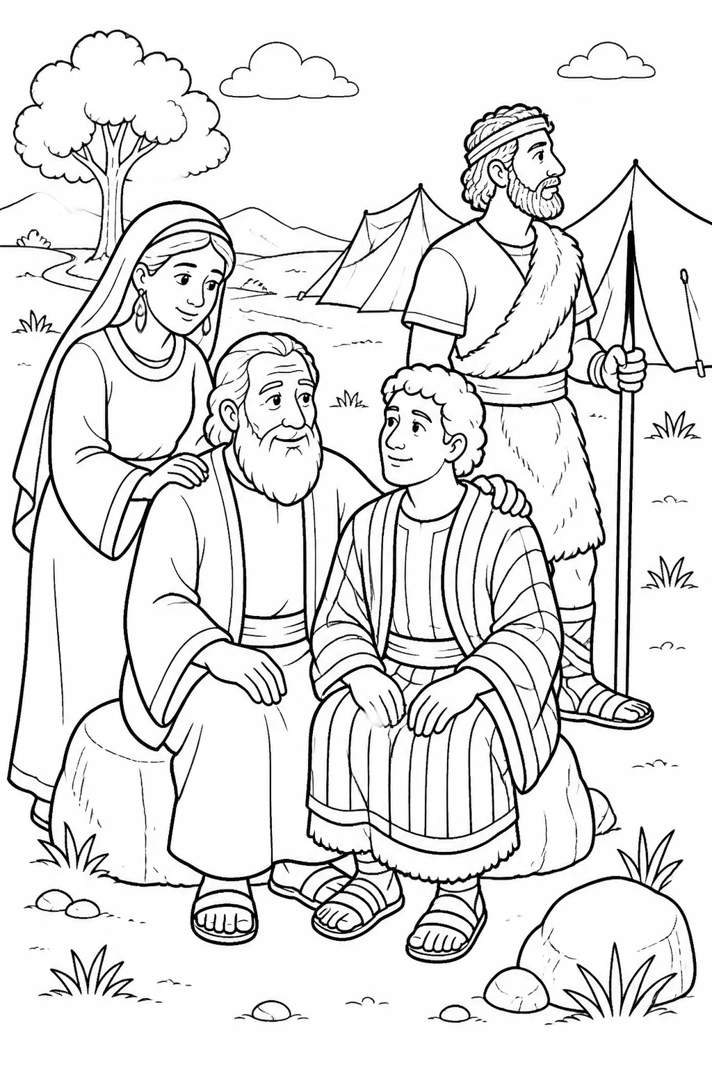 Isaac and Rebekah with their grown sons Esau near the open country and Jacob near the tents, illustrating Genesis 25:27-28.