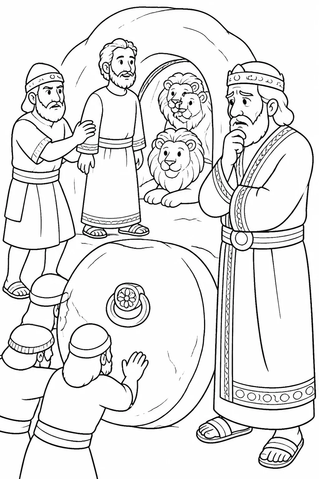 Daniel is placed into the lions’ den while distressed King Darius stands nearby; a stone and the king’s signet ring seal the entrance.