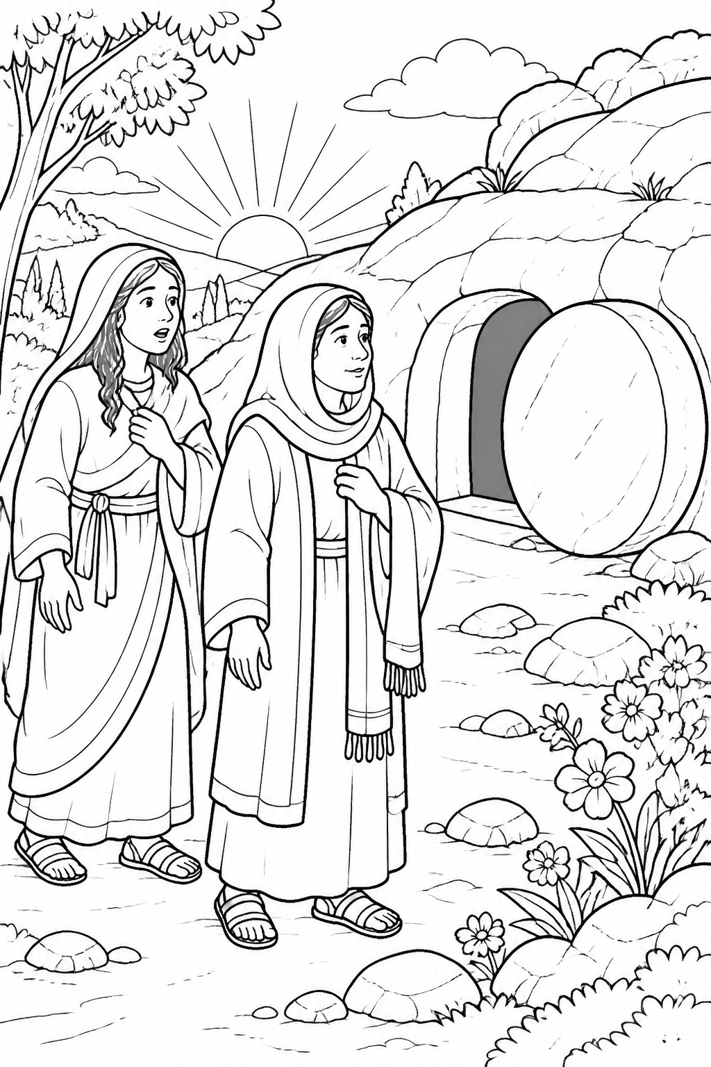 The Women Visit the Tomb from Jesus Is Risen Bible coloring page