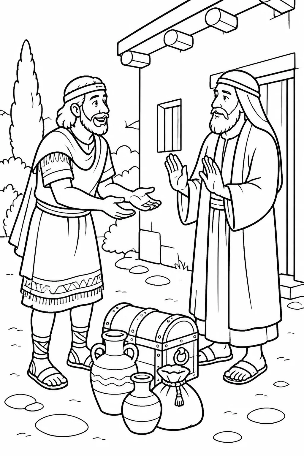 Naaman returns to Elisha at Elisha’s house after being healed, offering gifts that Elisha refuses.