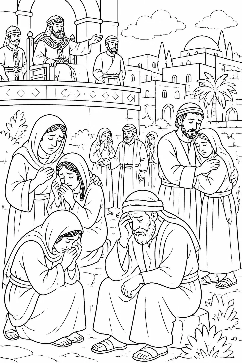 A symbolic, non-graphic depiction of Herod the Great issuing an order while parents and mourners grieve in Bethlehem.