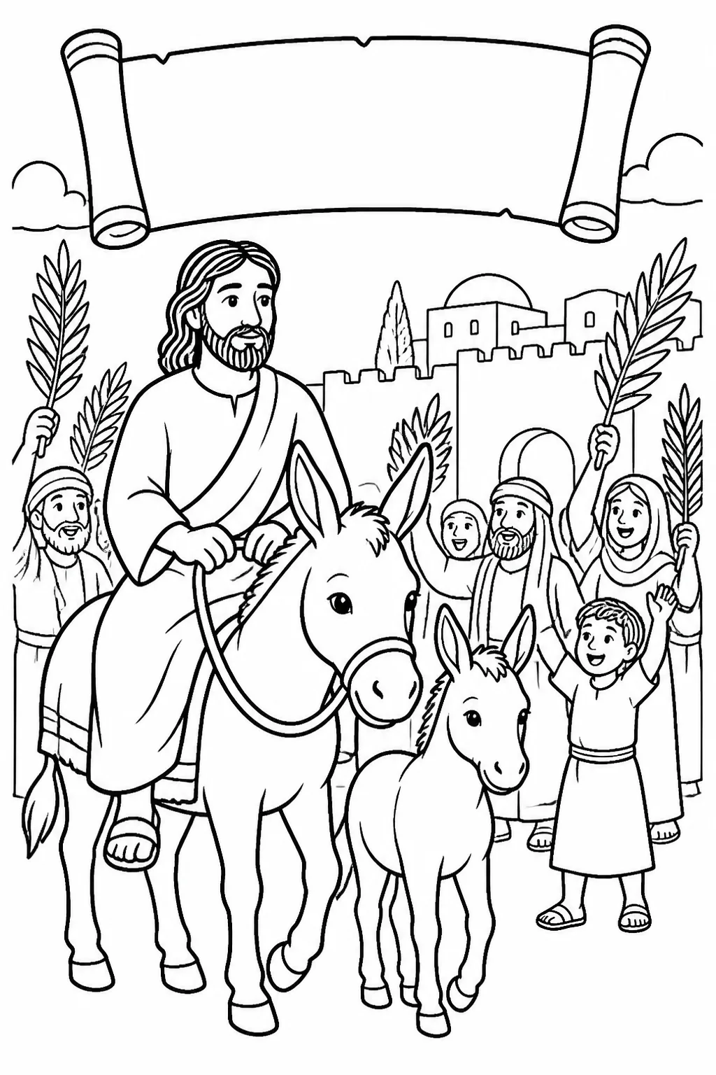 Coloring page concept of Jesus arriving humbly near Jerusalem with a donkey and its colt, alongside a scroll representing the prophetic message about the King’s coming.