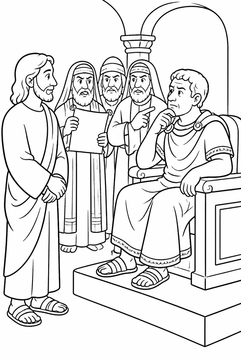 Jesus standing before Pilate while the assembly and specific accusers present the recorded accusations from Luke 23:1–5.