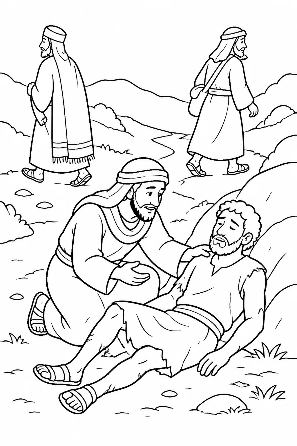 A roadside scene from Jesus’ parable in Luke 10:31–32: a priest and a Levite pass by while a Samaritan approaches a wounded traveler.