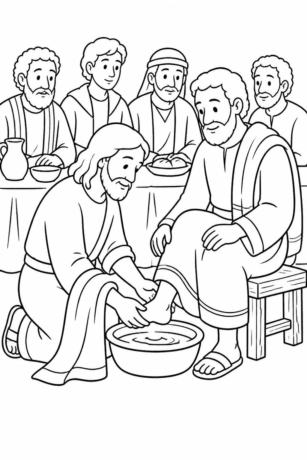 Jesus kneeling beside a disciple with a basin of water and towel while other disciples sit nearby in a supper setting.