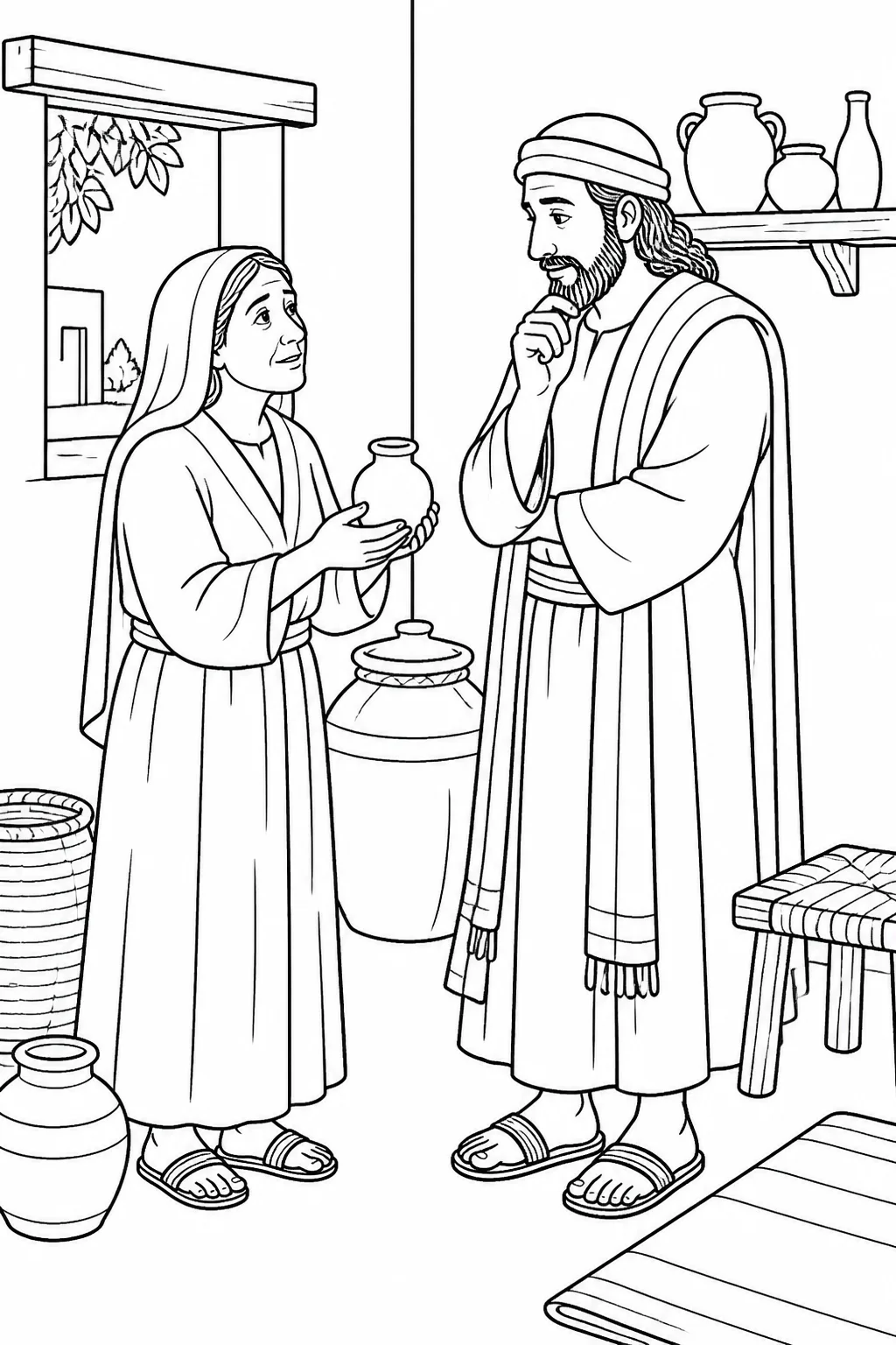 Elisha listens as an unnamed widow shows him a small jar of oil inside her house, based on 2 Kings 4:2.
