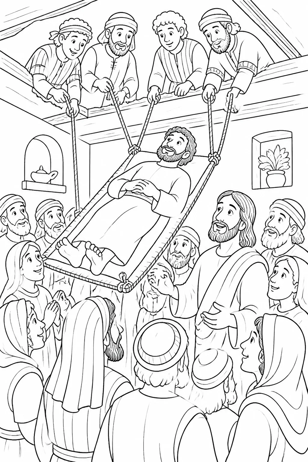 Jesus and a gathered crowd watch as four unnamed friends lower a paralyzed man on a mat through an opened roof.