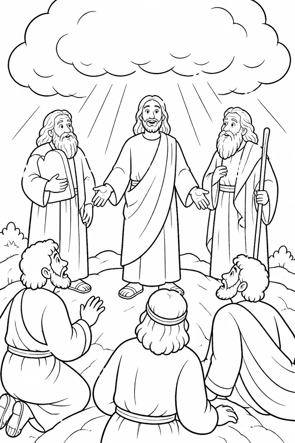 Jesus, Peter, James, John, Moses, and Elijah gathered on a high mountain as a bright cloud overshadows them during the Transfiguration.