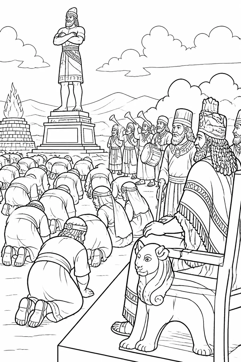 Nebuchadnezzar, officials, and assembled peoples near a large gold statue on the plain of Dura as musical instruments signal a command to bow, with some people kneeling and others standing.