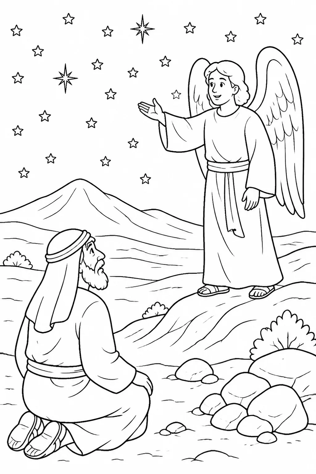 Abraham looks toward stars above a sandy mountain landscape as the angel of the LORD conveys the LORD’s promise about Abraham’s offspring and blessing.