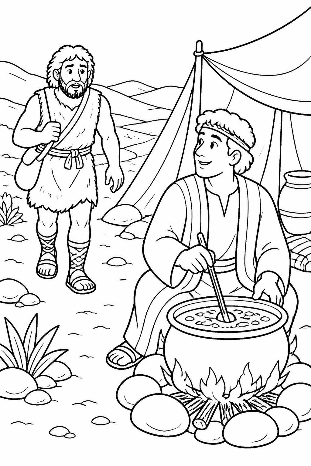 Esau Returns Hungry from Jacob and Esau Bible coloring page