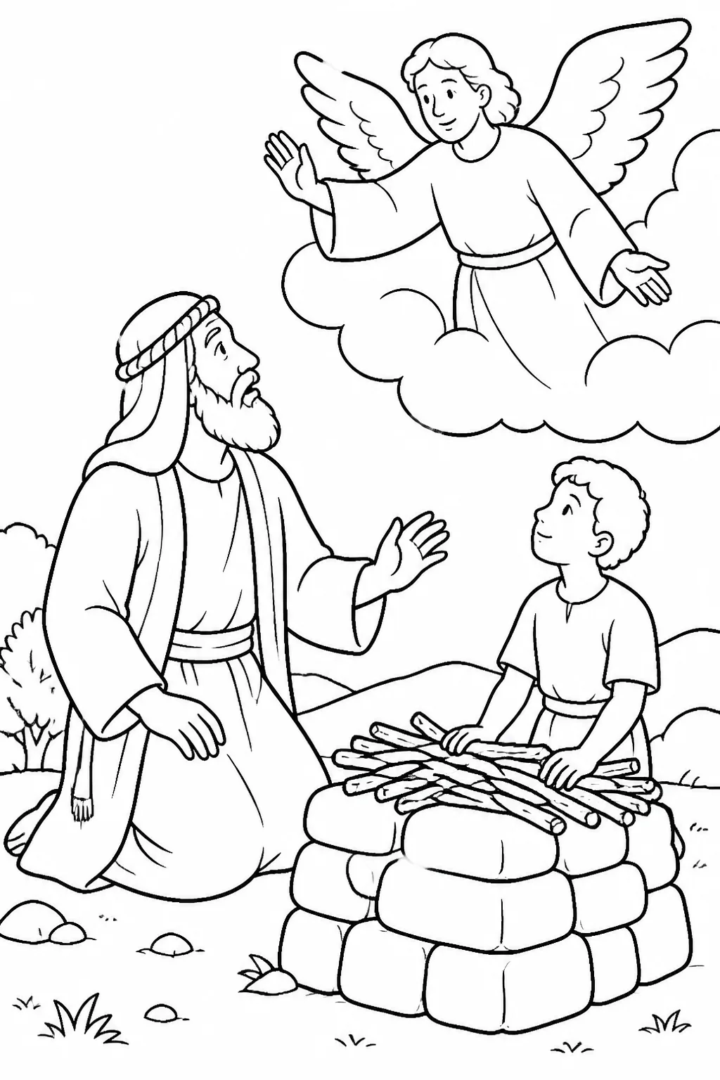 Abraham turns toward the angel of the LORD calling from heaven while Isaac remains unharmed near the altar.
