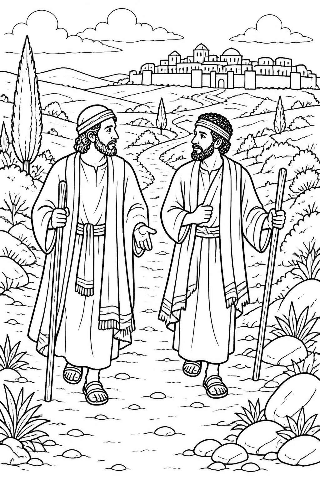 Cleopas and the unnamed second disciple traveling along the road from Jerusalem toward Emmaus, with distant Jerusalem visible.
