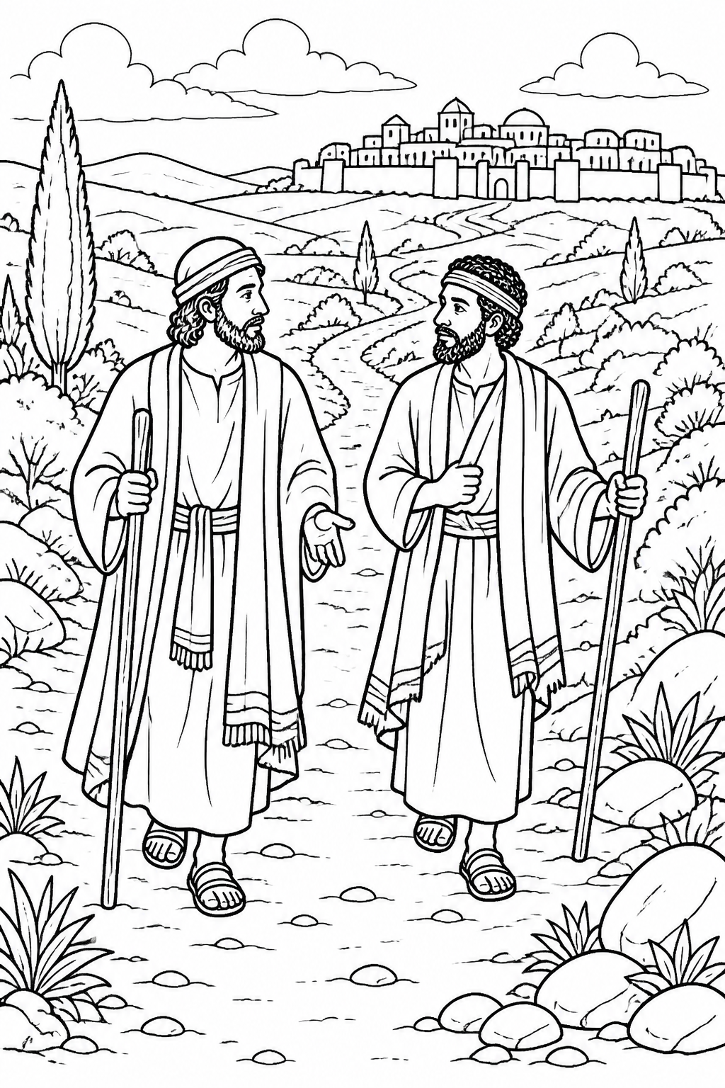 Two Disciples Travel Toward Emmaus from Jesus on the Road to Emmaus Bible coloring page