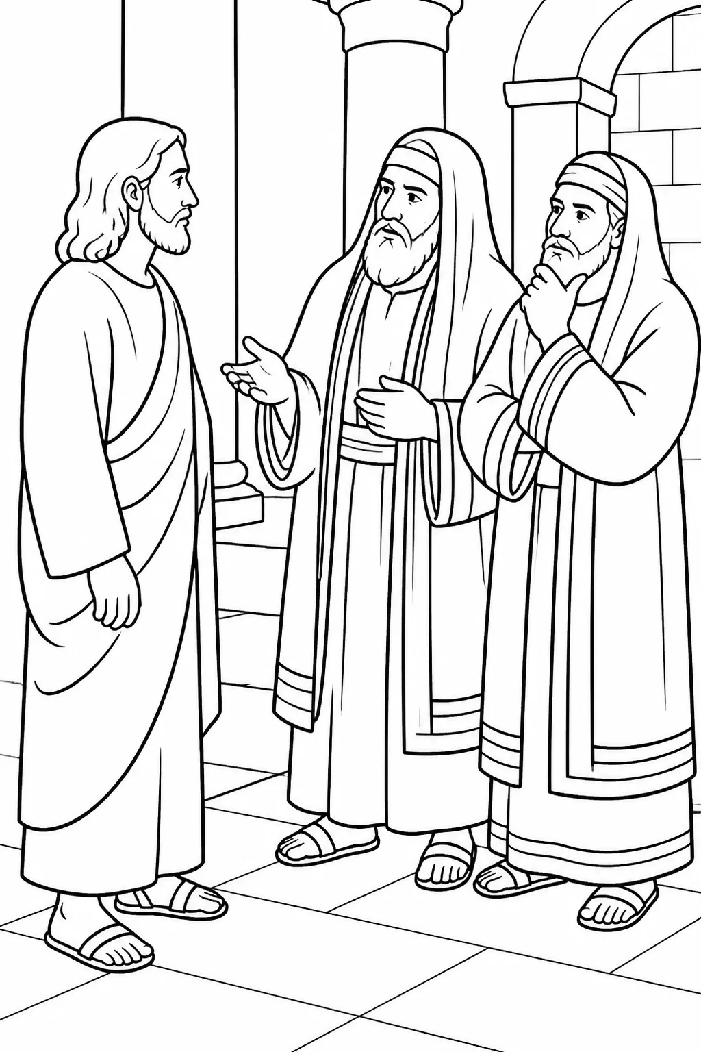 Jesus and Jewish leaders in the temple during a serious exchange about what sign Jesus can show for doing these things.