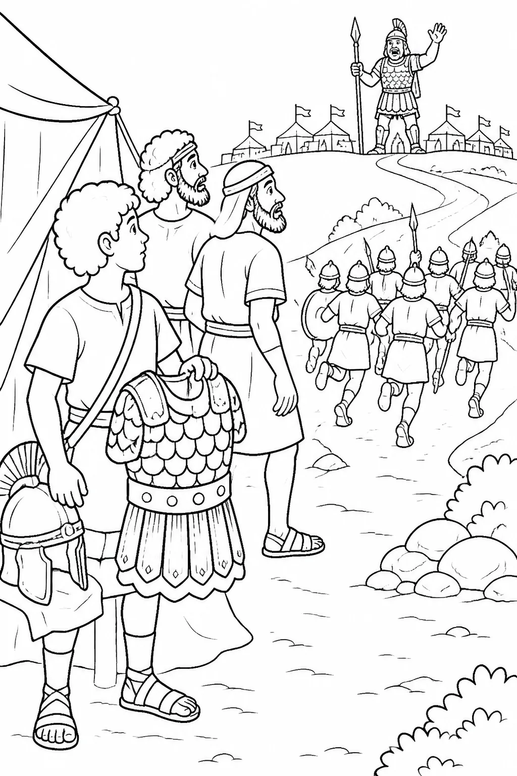 David and Israelite soldiers move along a road toward Gath and Ekron while fleeing Philistines and their camp are shown in the distance; Goliath’s armor is associated with David.