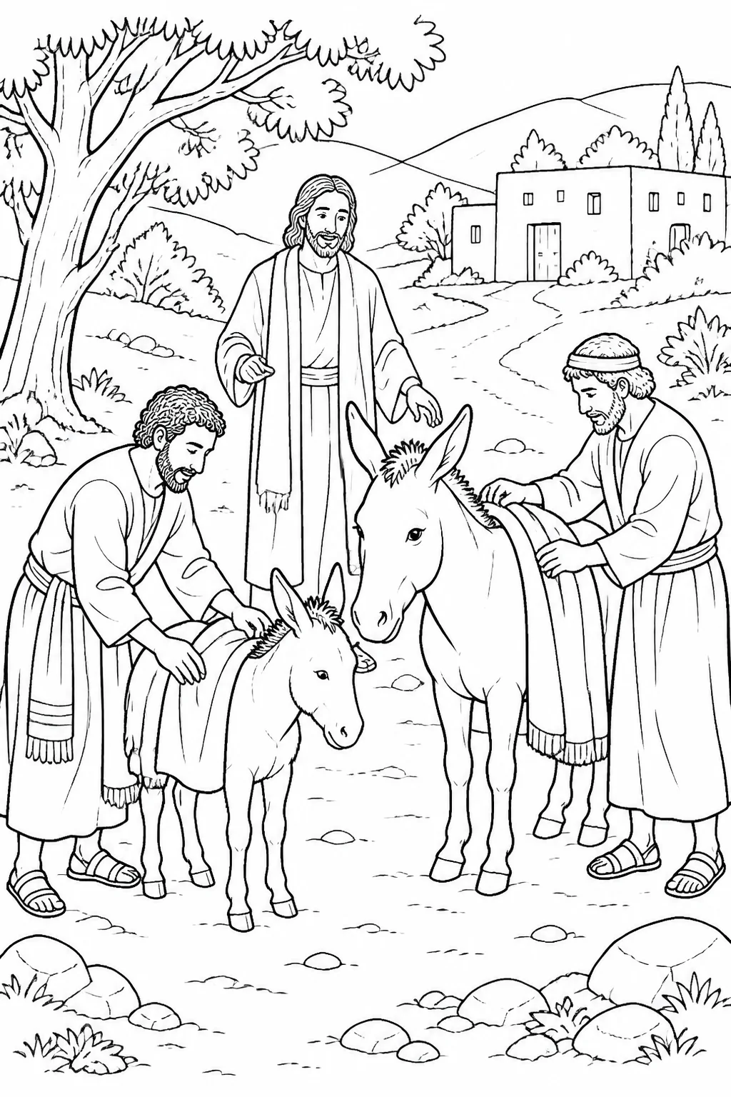 Jesus near a donkey and its colt while two unnamed disciples place cloaks on the animals, based on Matthew 21:6–7.
