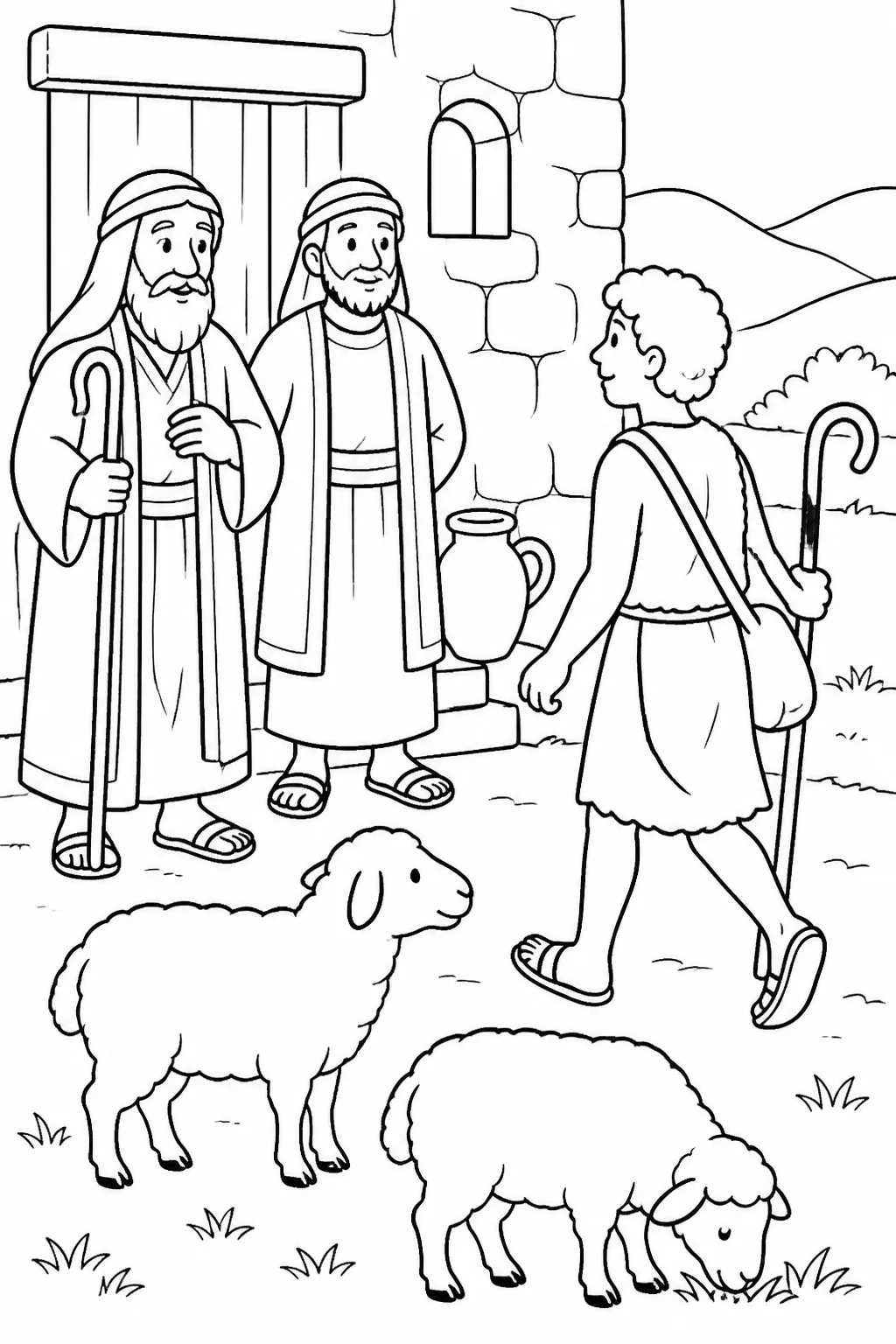 David arrives at Jesse’s house from tending sheep while Samuel asks Jesse to bring him in, based on 1 Samuel 16:11–12.