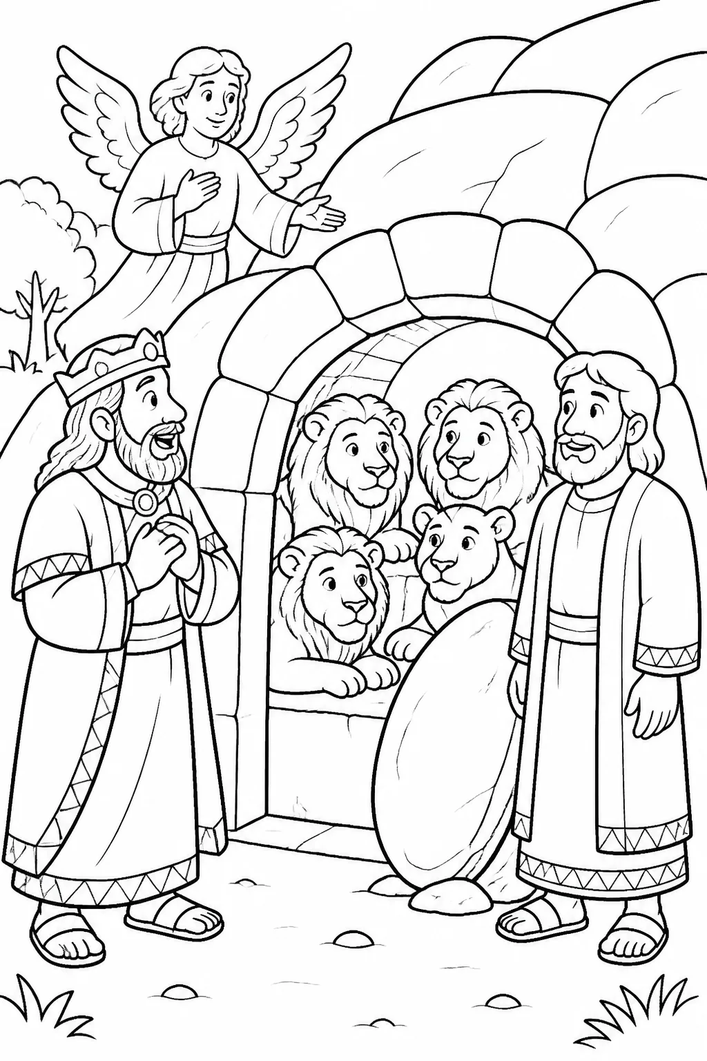 Daniel stands beside the opened lions’ den while King Darius looks on; calm lions remain inside, and an angel represents God’s reported protection.