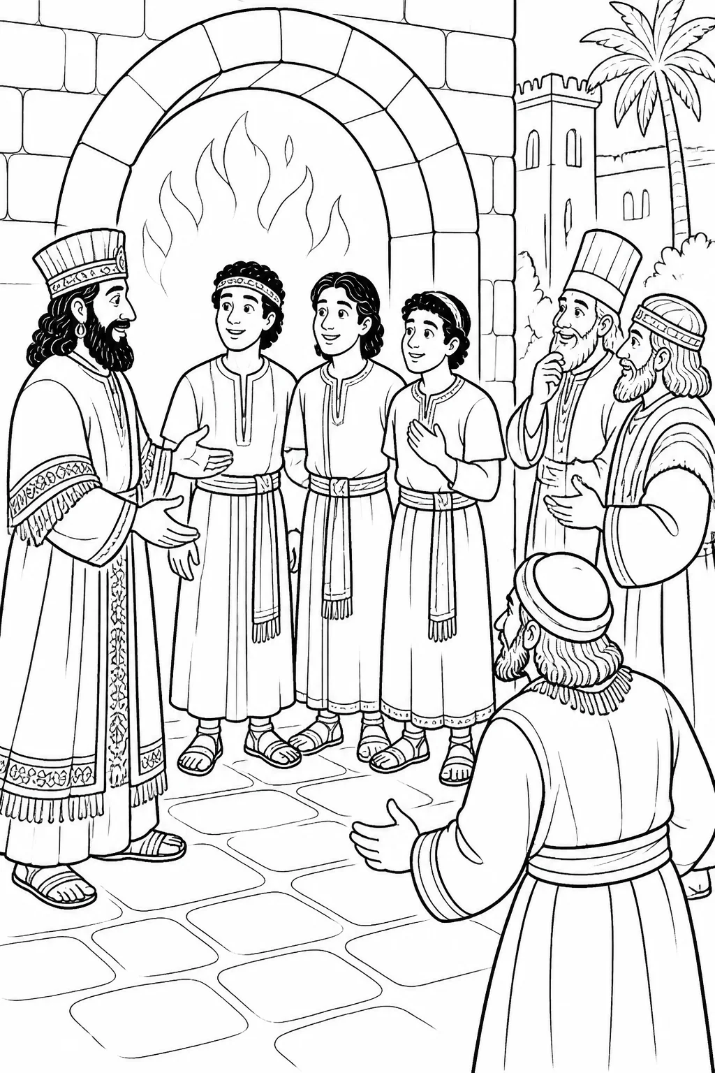 Nebuchadnezzar calls Shadrach, Meshach, and Abednego from the furnace while officials inspect them and find their bodies, hair, garments, and smell unharmed.