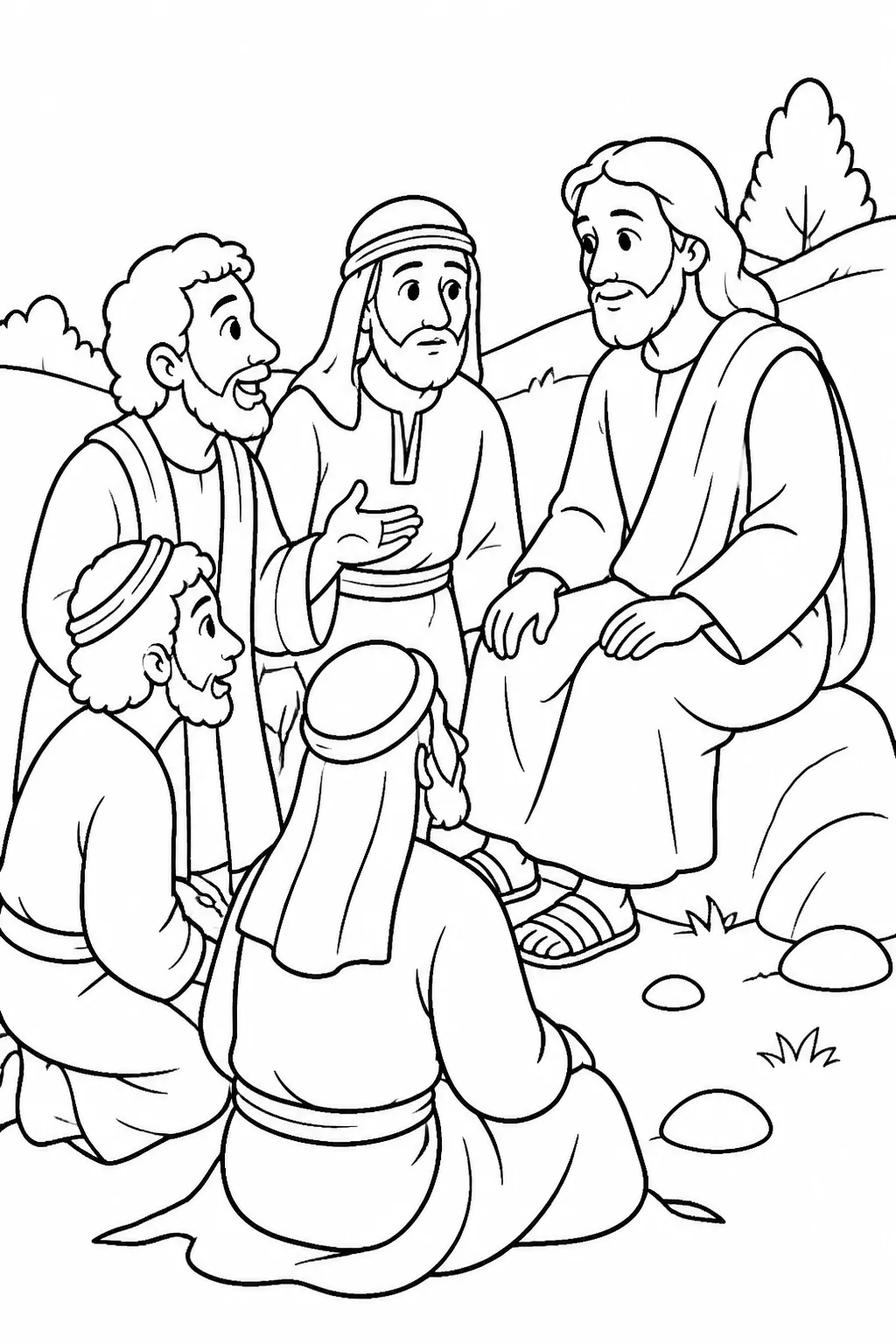 Jesus listening to the disciples as they report that people have suggested he is John the Baptist, Elijah, Jeremiah, or one of the prophets.