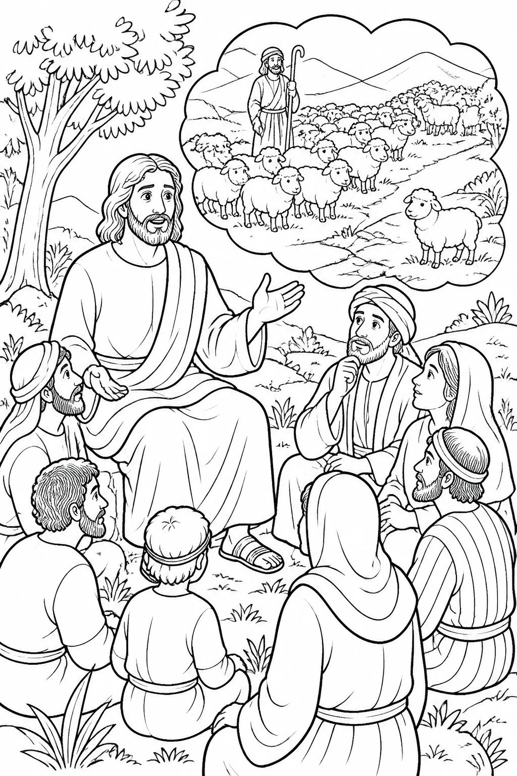 Jesus speaking to people gathered around Him while a shepherd searches for one lost sheep among one hundred sheep in the wilderness.