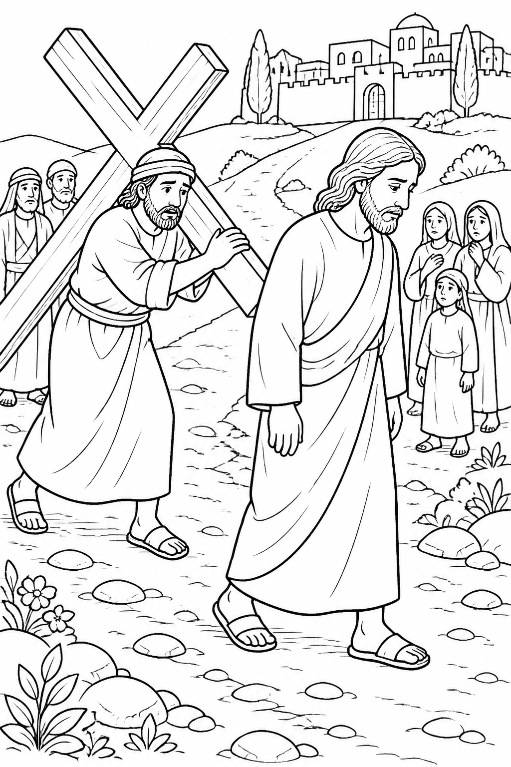 Simon Helps Carry the Cross from The Crucifixion of Jesus Bible coloring page