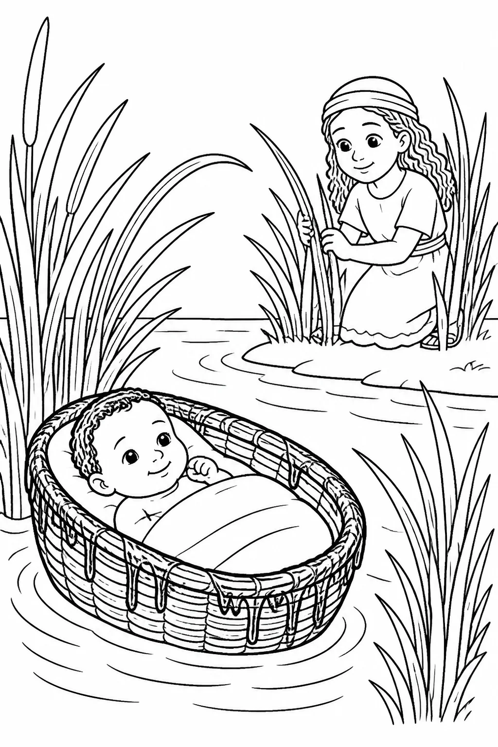 Baby Moses resting in a papyrus basket coated with bitumen and pitch among the reeds beside the Nile while his sister watches from a distance.