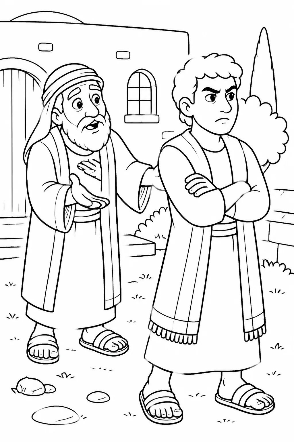 The older son stands outside the father’s house while his father comes out to plead with him about the celebration for his returning brother.