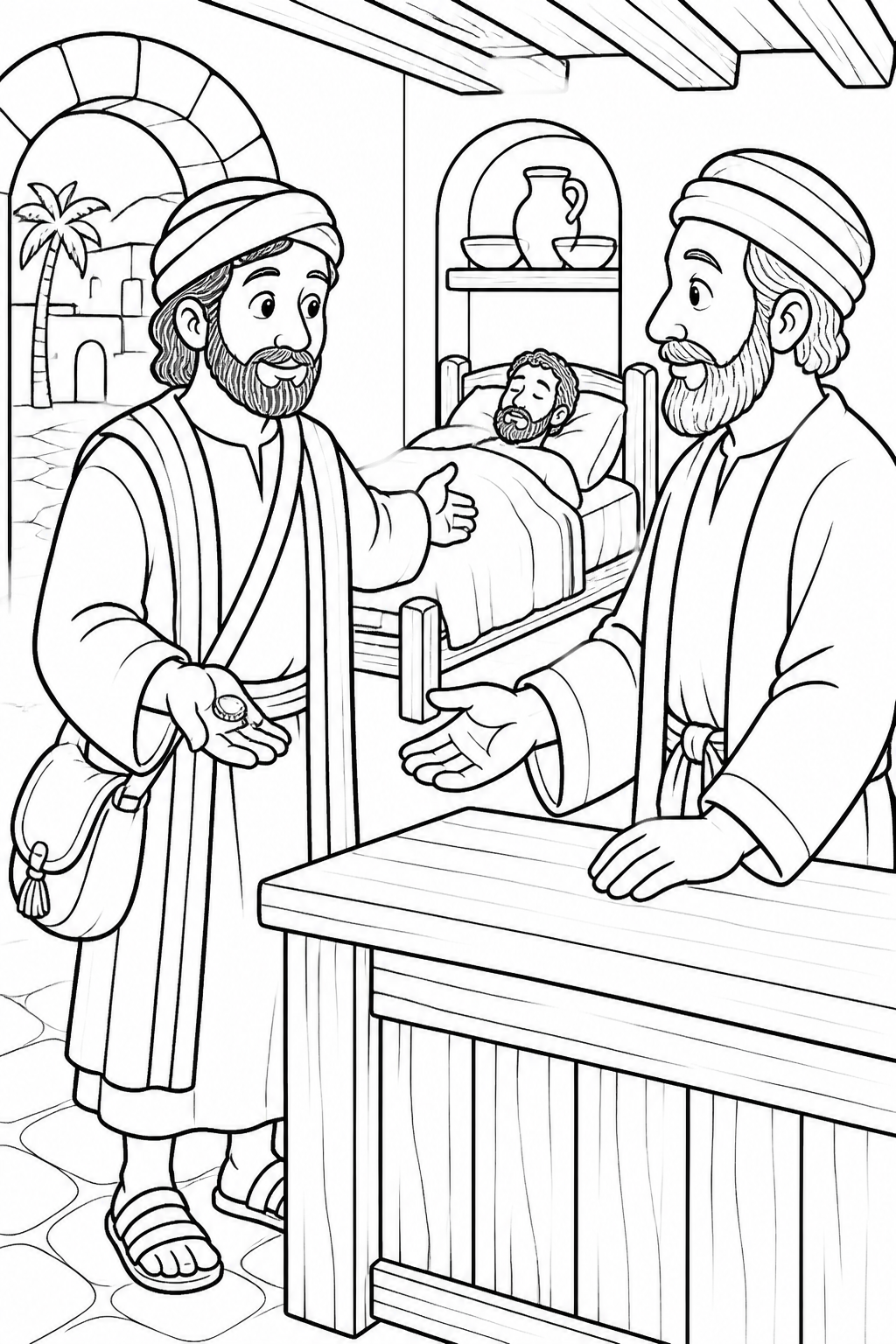 The Samaritan Pays for Care from The Good Samaritan Bible coloring page