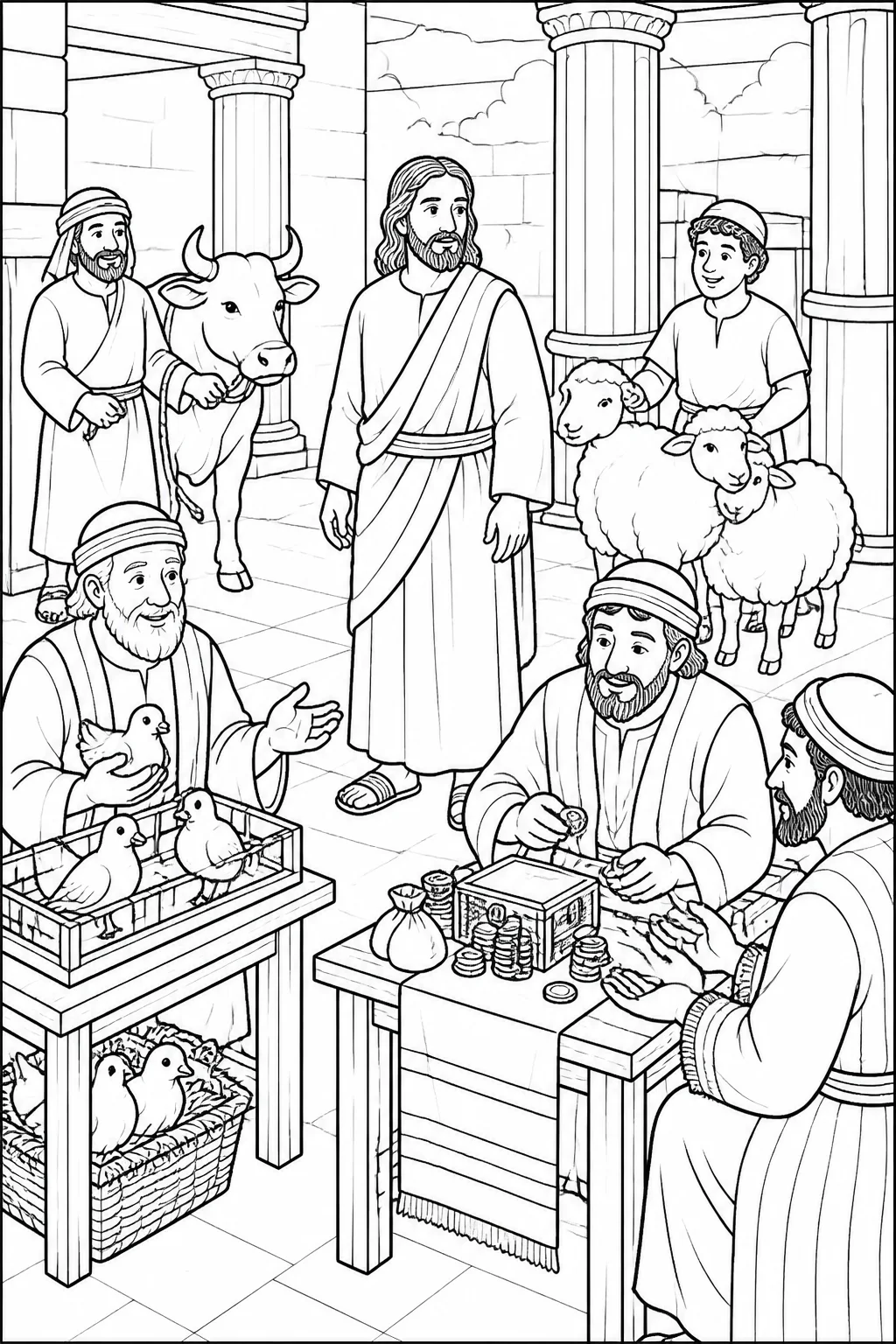Jesus stands in the temple courts while sellers of oxen, sheep, and doves and money changers with tables are present, based on John 2:14.