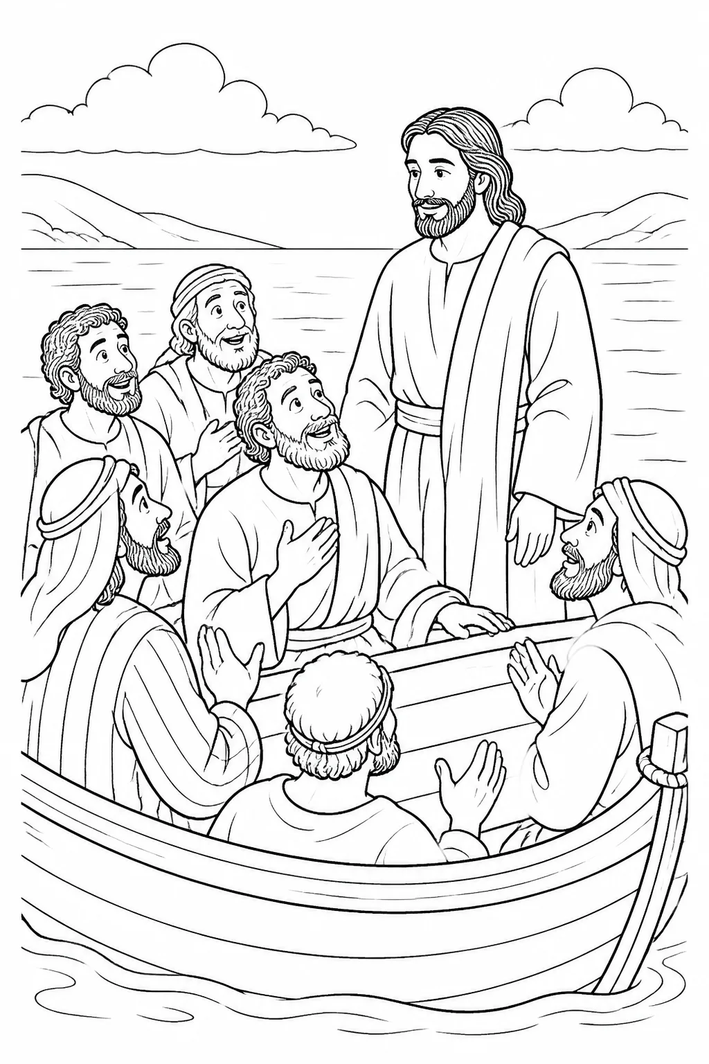 Jesus and Peter in a boat with the disciples worshiping as the wind ceases and the sea becomes calm.