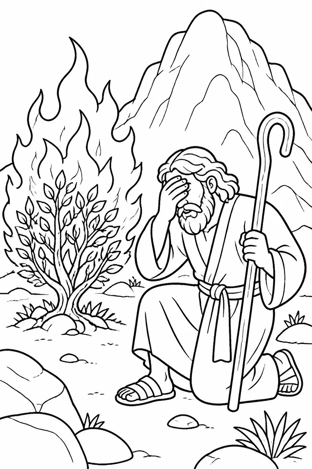 Moses near the burning bush at Horeb as God promises to be with him when he goes to Pharaoh.