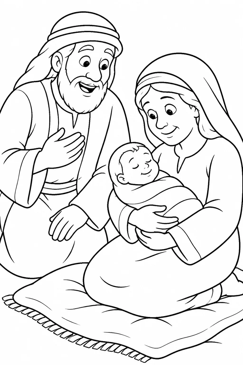 Sarah holds newborn Isaac while Abraham looks on with wonder, showing the joyful birth of Isaac at the set time God had spoken.